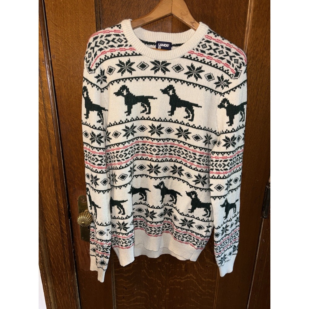 Lands' End Men's Fair Isle Crewneck Sweater Medium Cream Dog Motif Christmas